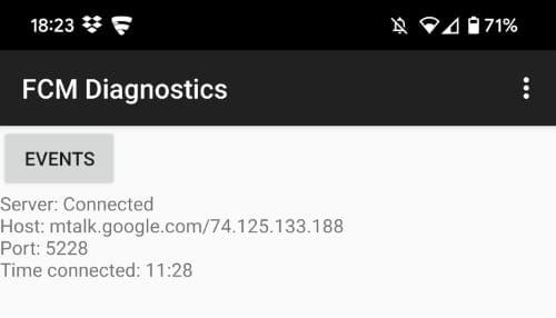 A screenshot of the FCM Diagnostics screen where the connection is active.